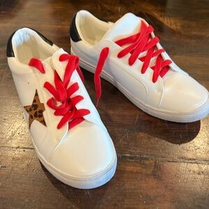 Shu shop leopard star sneakers with red laces NIB